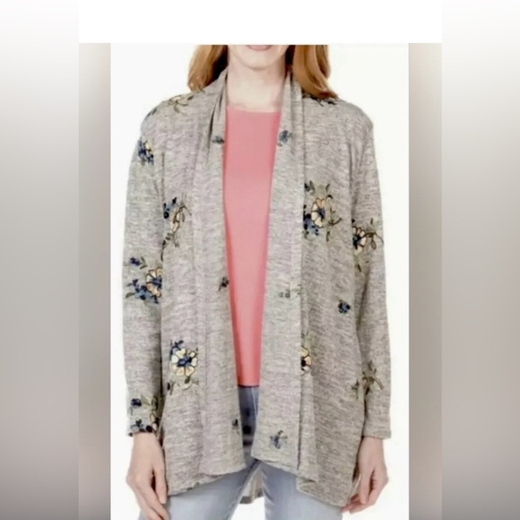 Anthropologie Fig and Flower Gray Blue Cardigan with Floral Embroidery SizeM - Picture 2 of 9